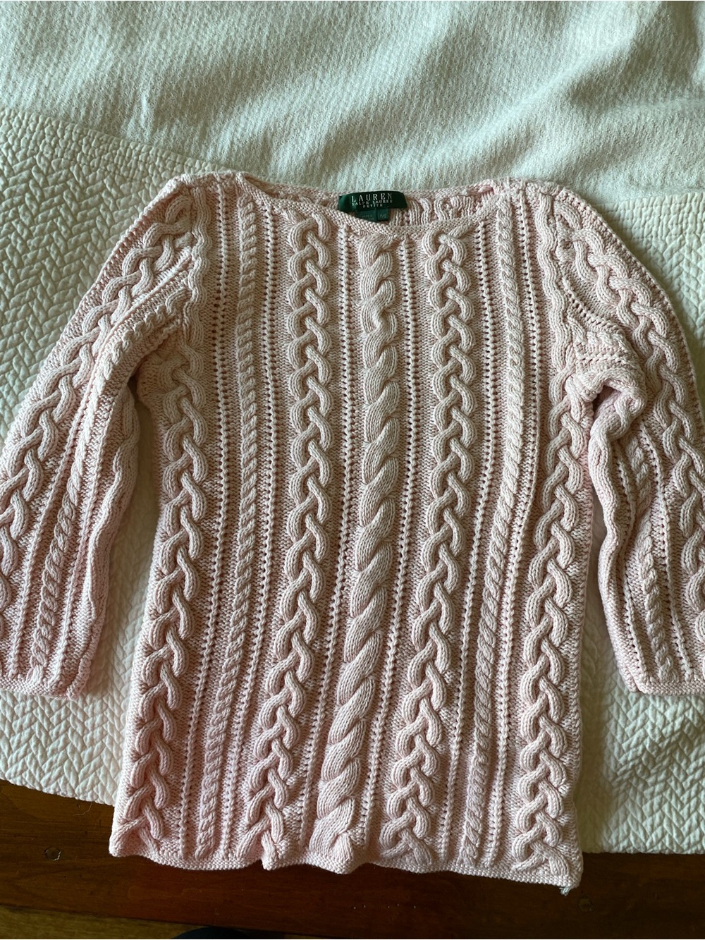 Ralph Lauren Pale Pink Off-the-Shoulder Cable Knit Sweater